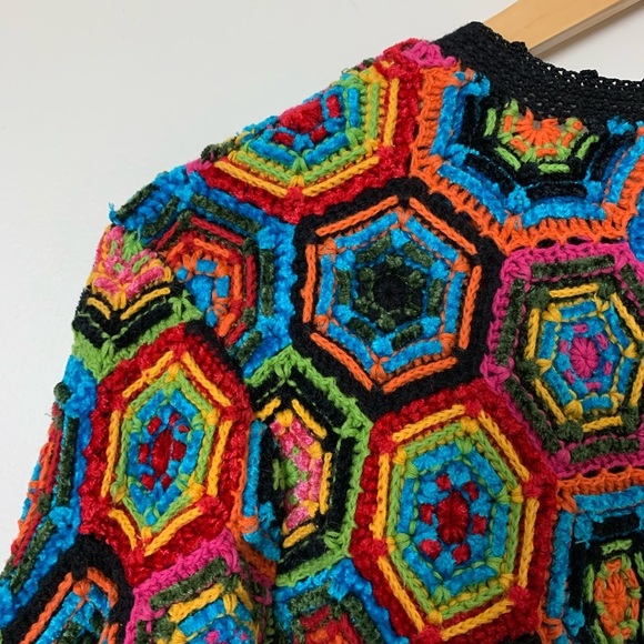 Vintage Crochet Hexagon Multi Color Sweater Size Small - Picture 6 of 7